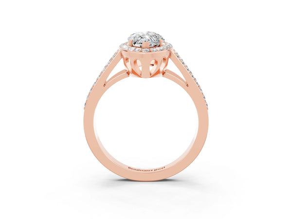 Rose gold Marquise Cut Moissanite Halo Ring with Split Shank U-Prong Band and Four-Prong Setting