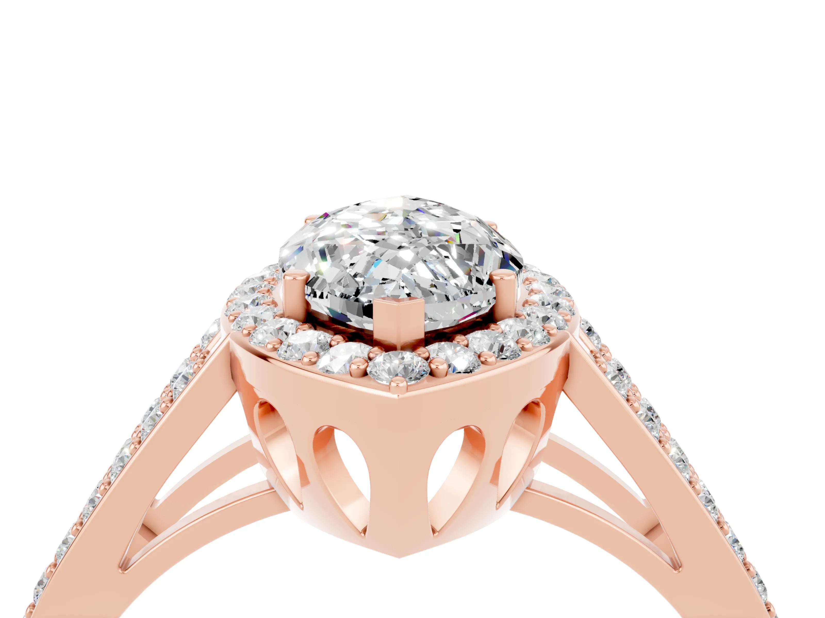 Rose gold Marquise Cut Moissanite Halo Ring with Split Shank U-Prong Band and Four-Prong Setting_4