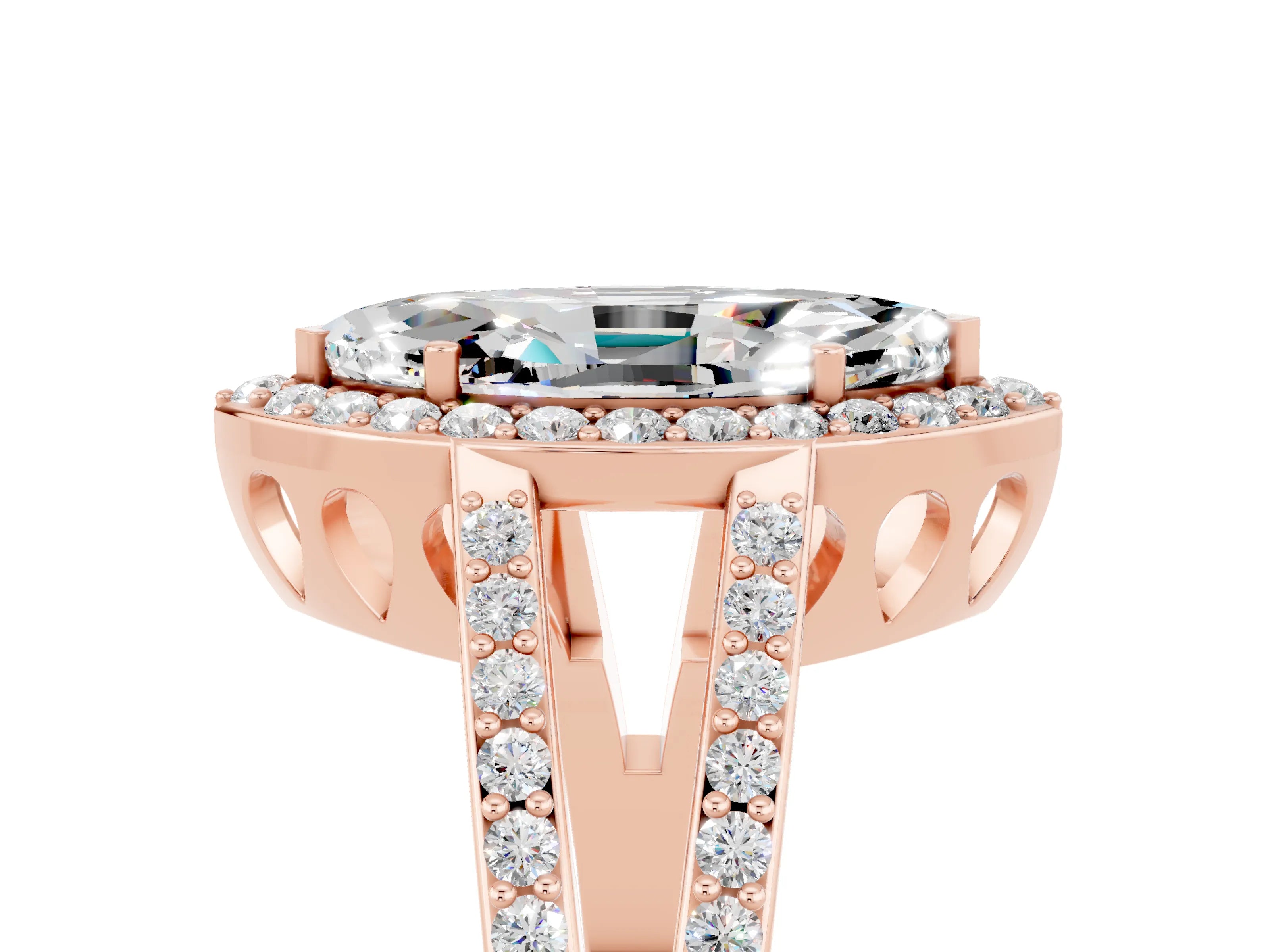 Rose gold Marquise Cut Moissanite Halo Ring with Split Shank U-Prong Band and Four-Prong Setting_5