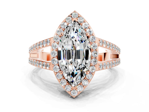 Rose gold Marquise Cut Moissanite Halo Ring with Split Shank U-Prong Band and Four-Prong Setting