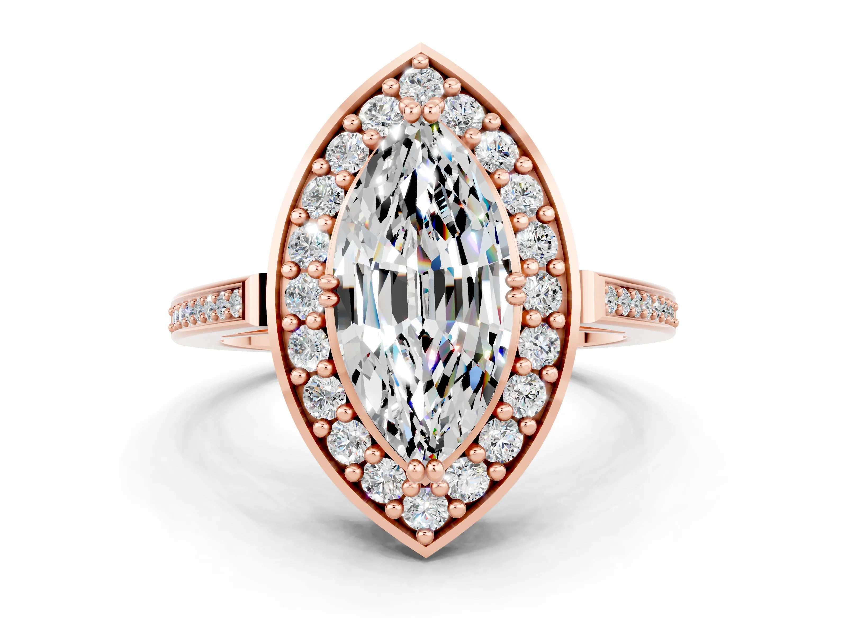 Rose gold Marquise Cut Moissanite Halo Ring with Split Shank and Four-Prong Setting