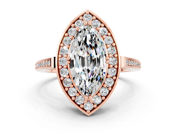 Rose gold Marquise Cut Moissanite Halo Ring with Split Shank and Four-Prong Setting