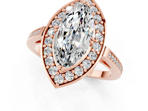 Rose gold Marquise Cut Moissanite Halo Ring with Split Shank and Four-Prong Setting_1