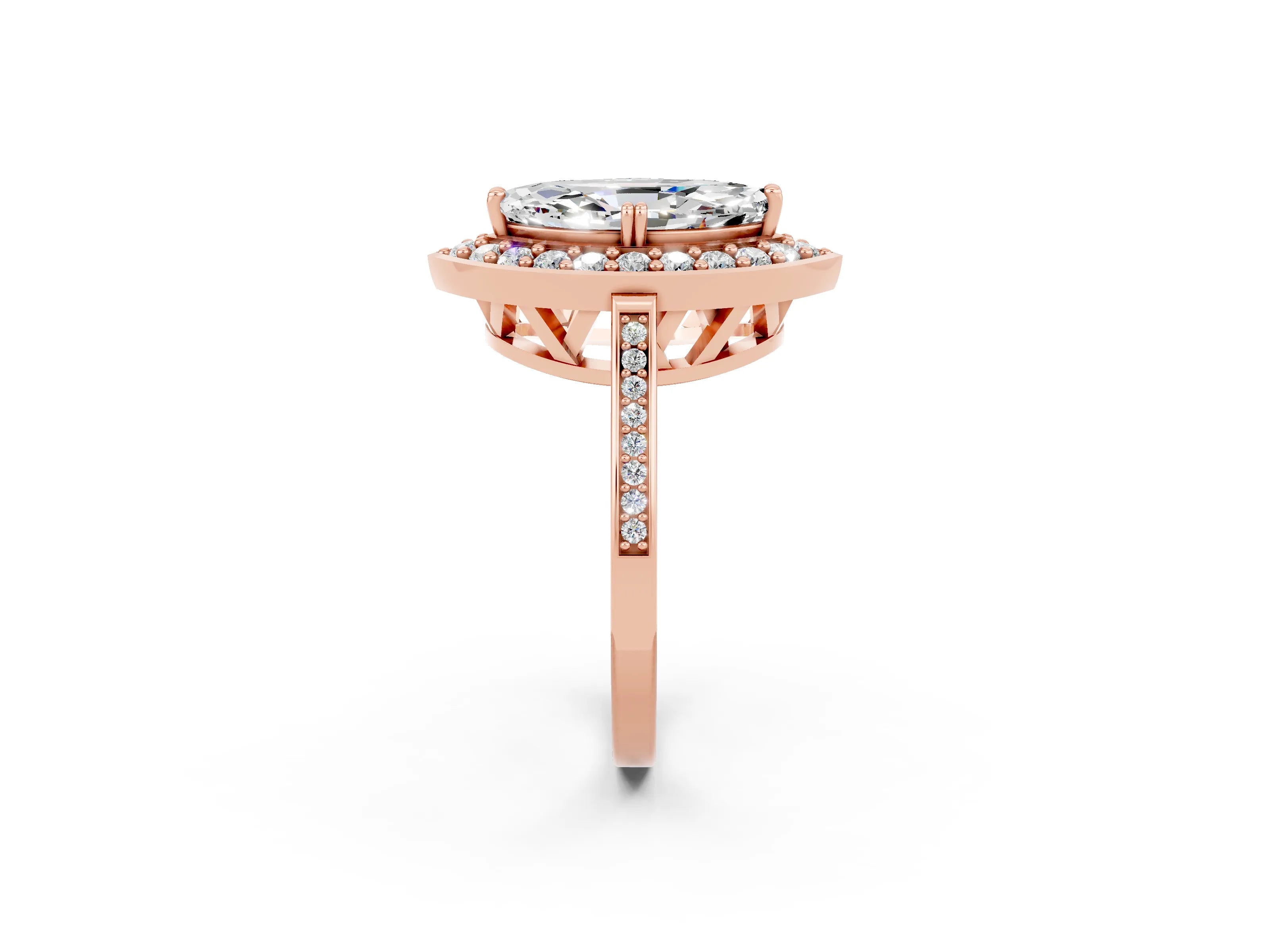 Rose gold Marquise Cut Moissanite Halo Ring with Split Shank and Four-Prong Setting_2