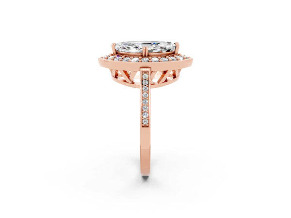 Rose gold Marquise Cut Moissanite Halo Ring with Split Shank and Four-Prong Setting