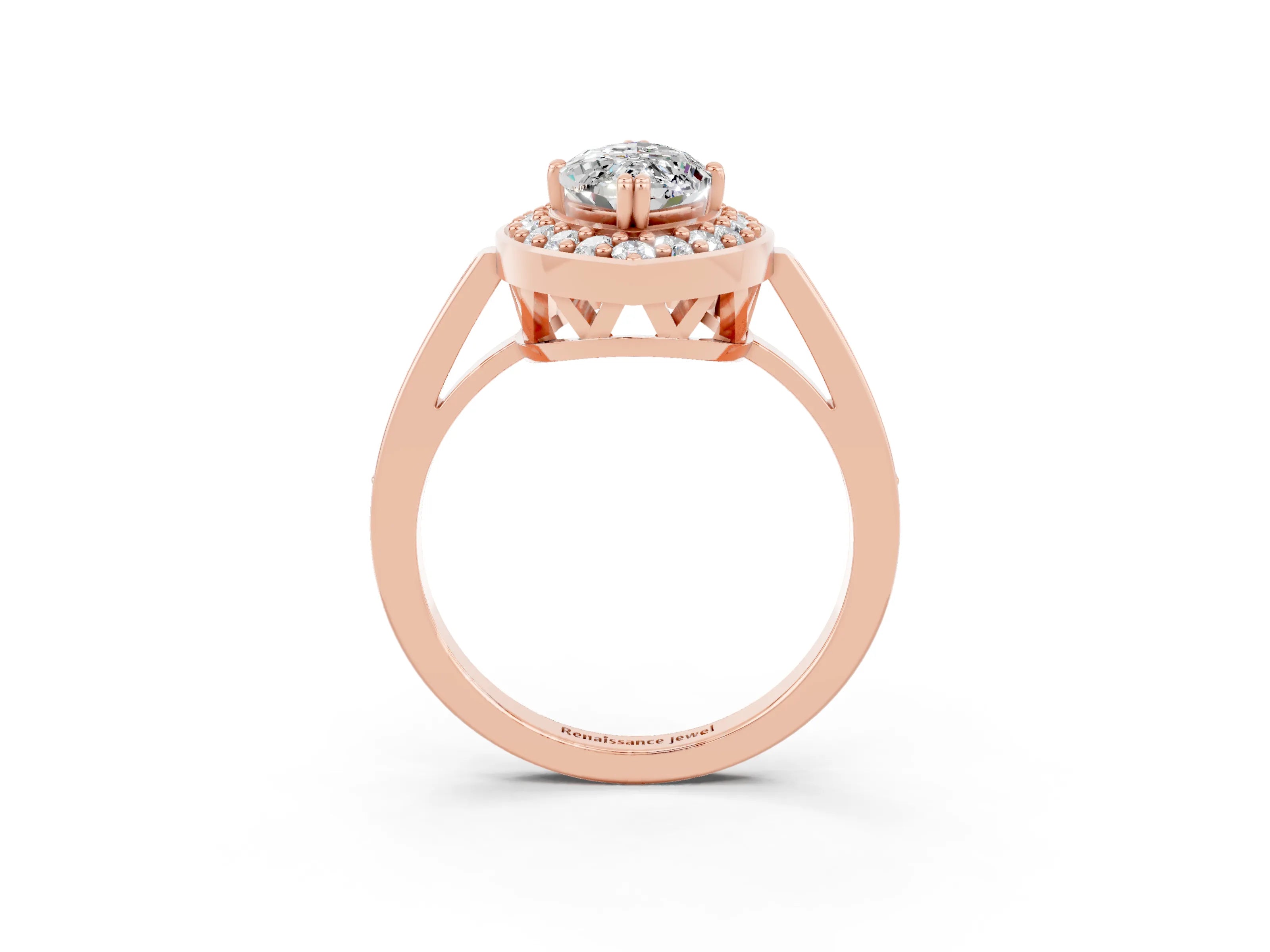 Rose gold Marquise Cut Moissanite Halo Ring with Split Shank and Four-Prong Setting_3