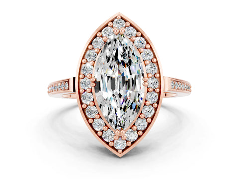 Rose gold Marquise Cut Moissanite Halo Ring with Split Shank and Four-Prong Setting