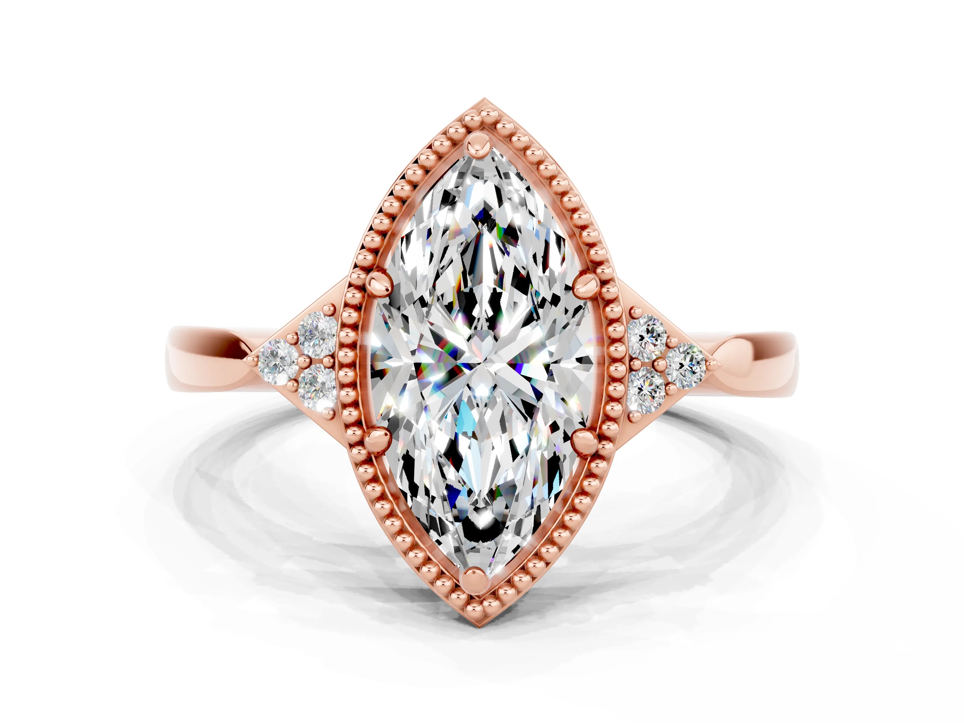 Rose gold Marquise Cut Moissanite Halo Ring with Tapered Band and Four-Prong Setting