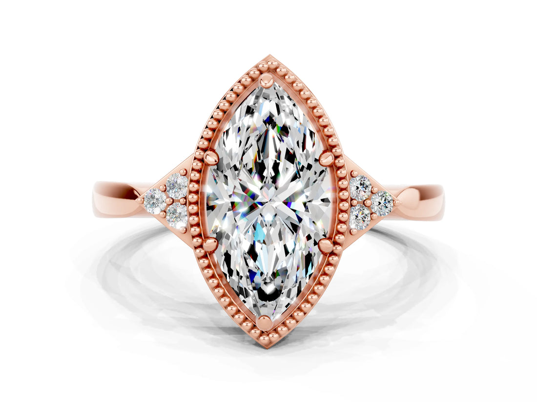 Rose gold Marquise Cut Moissanite Halo Ring with Tapered Band and Four-Prong Setting