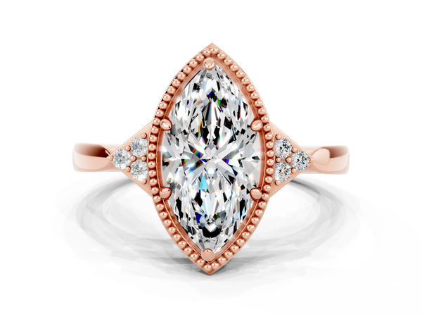 Rose gold Marquise Cut Moissanite Halo Ring with Tapered Band and Four-Prong Setting