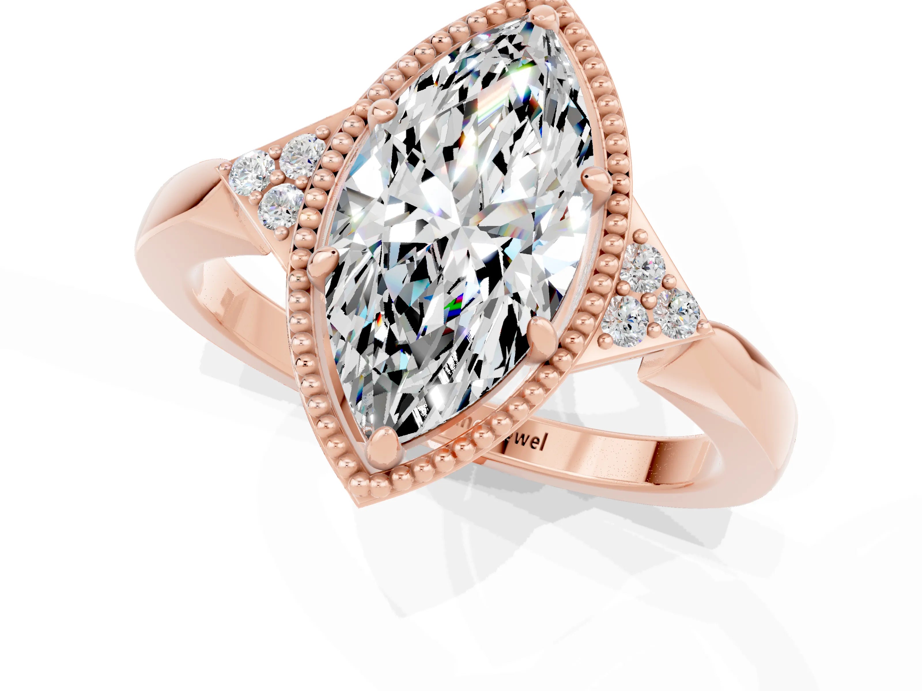 Rose gold Marquise Cut Moissanite Halo Ring with Tapered Band and Four-Prong Setting_1