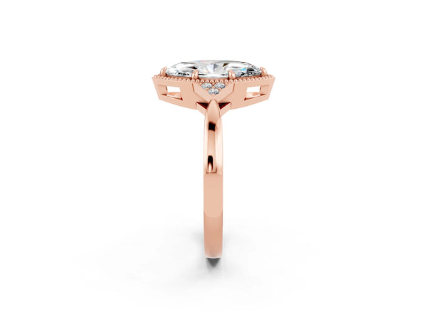 Rose gold Marquise Cut Moissanite Halo Ring with Tapered Band and Four-Prong Setting