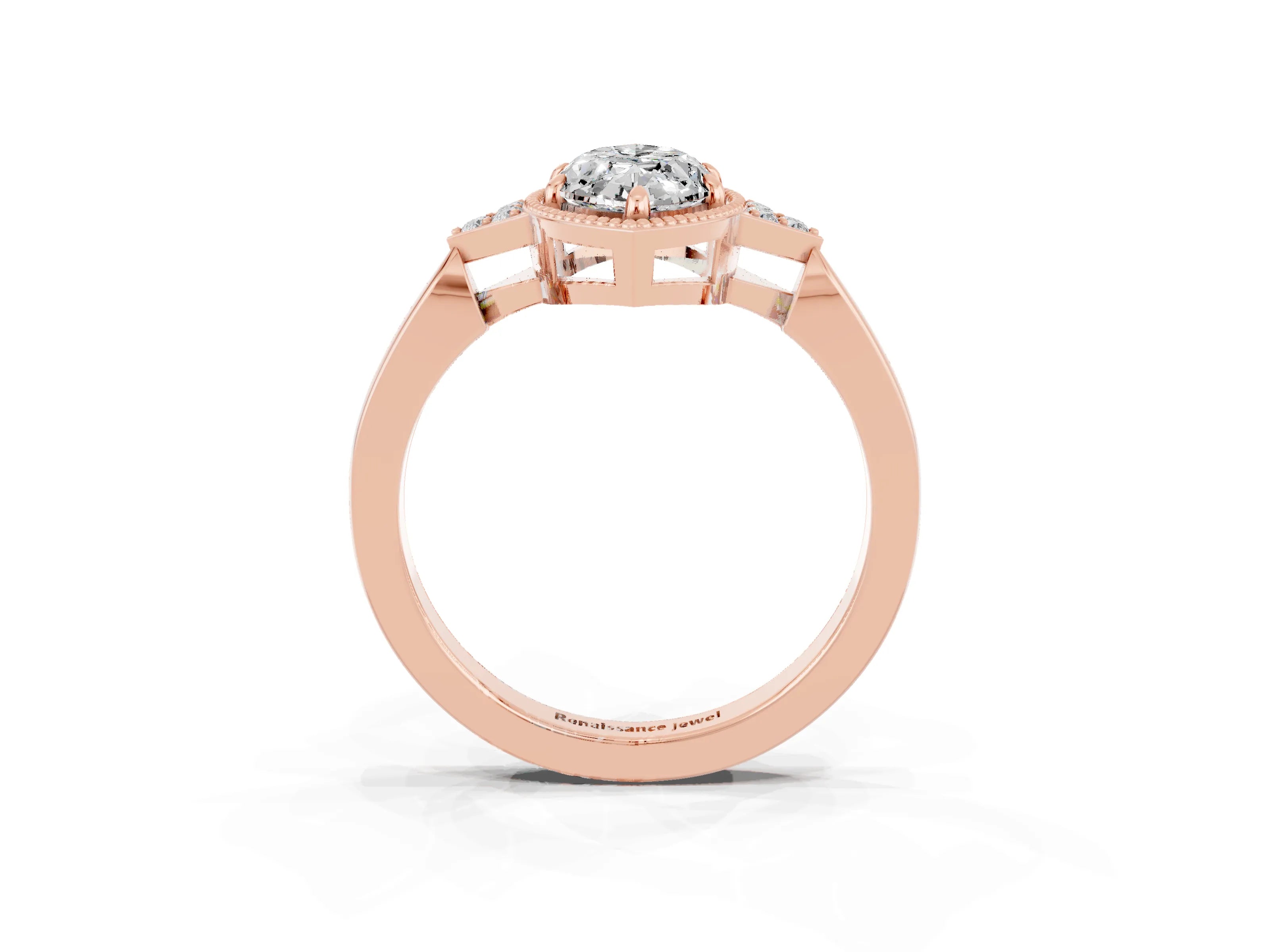 Rose gold Marquise Cut Moissanite Halo Ring with Tapered Band and Four-Prong Setting_3