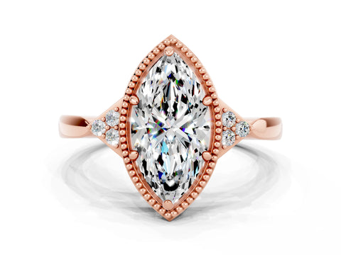Rose gold Marquise Cut Moissanite Halo Ring with Tapered Band and Four-Prong Setting