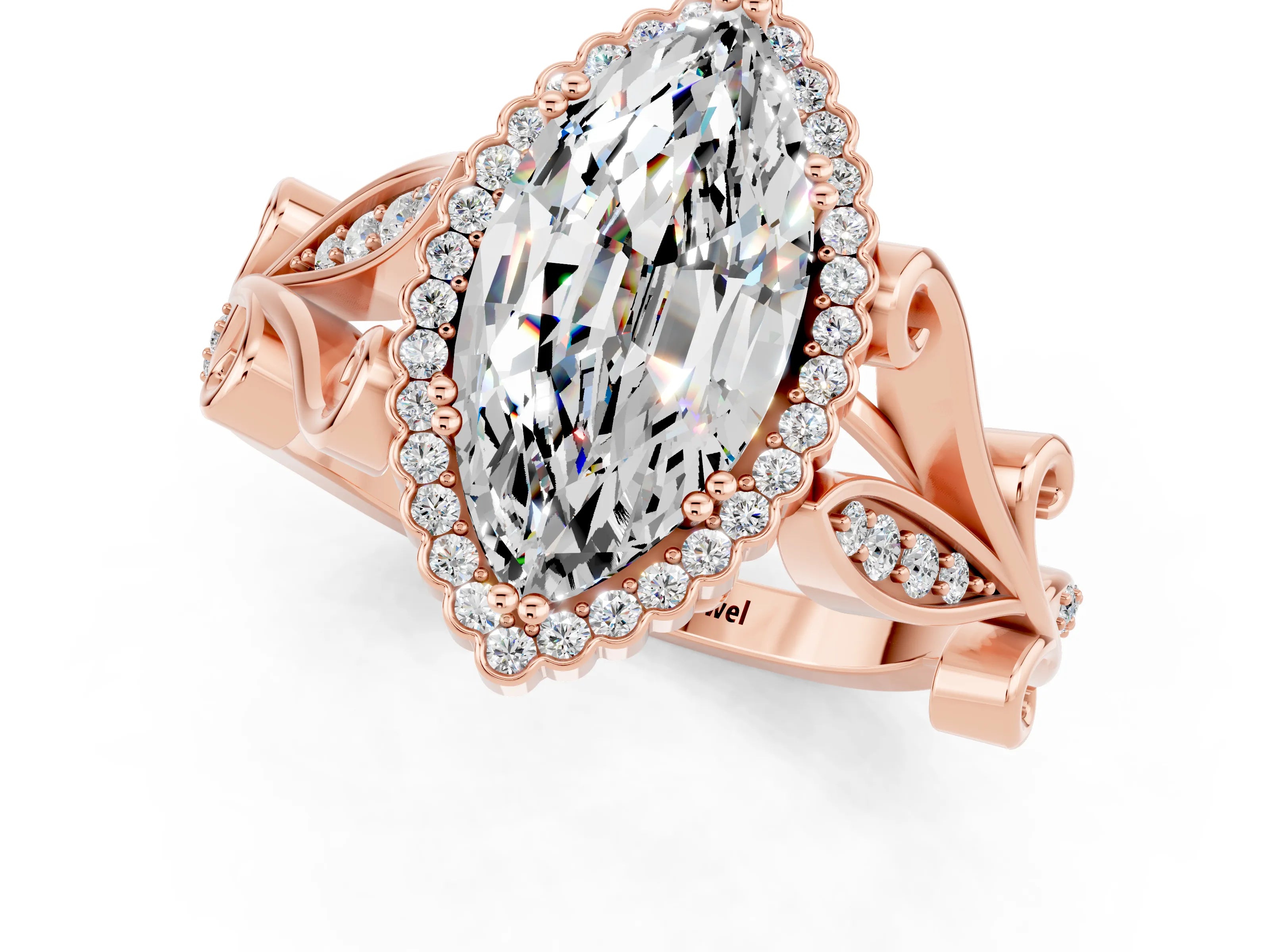 Rose gold Marquise Cut Moissanite Halo Ring with Vintage Split Shank and Four-Prong Setting_1