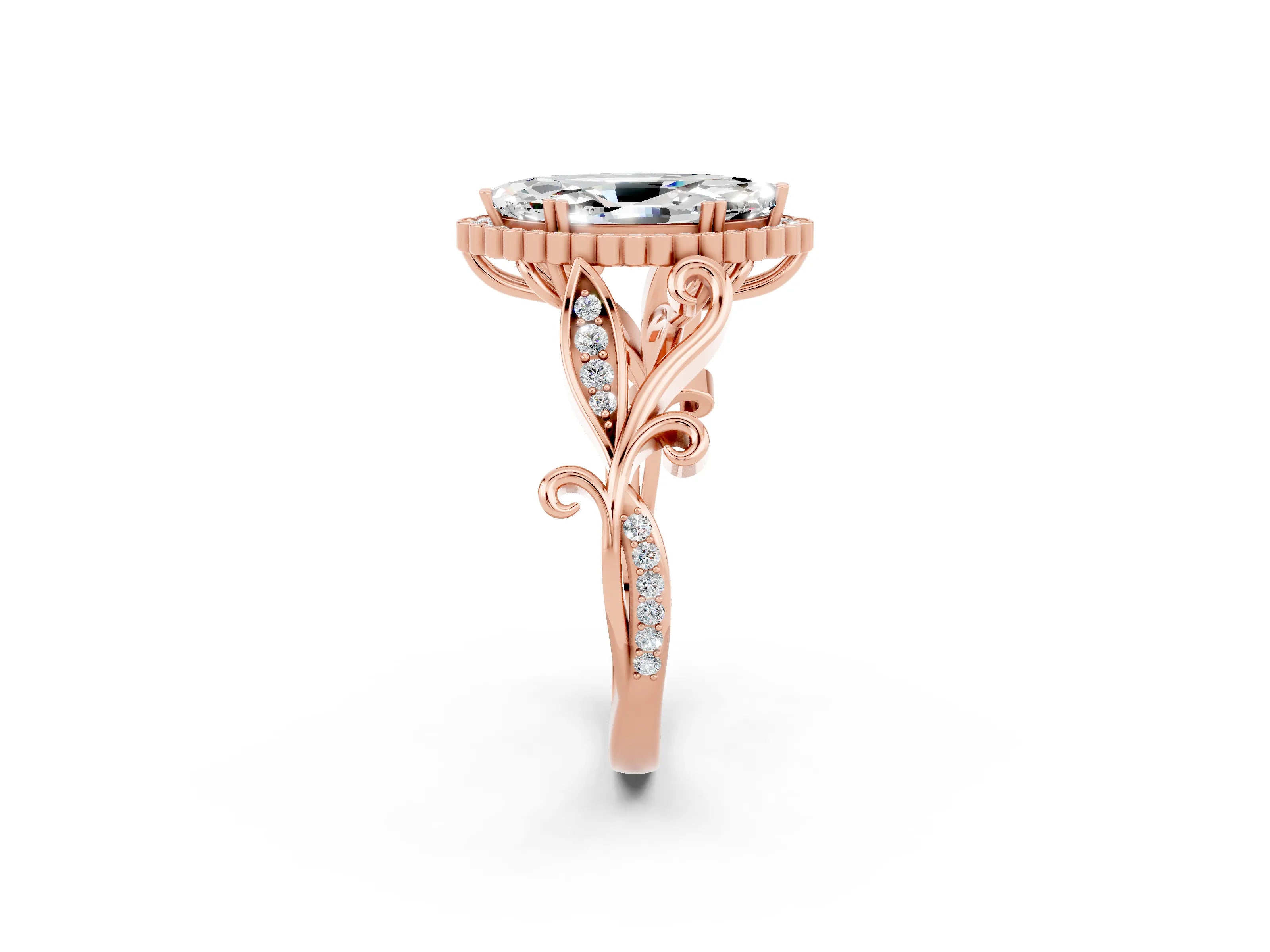 Rose gold Marquise Cut Moissanite Halo Ring with Vintage Split Shank and Four-Prong Setting_2