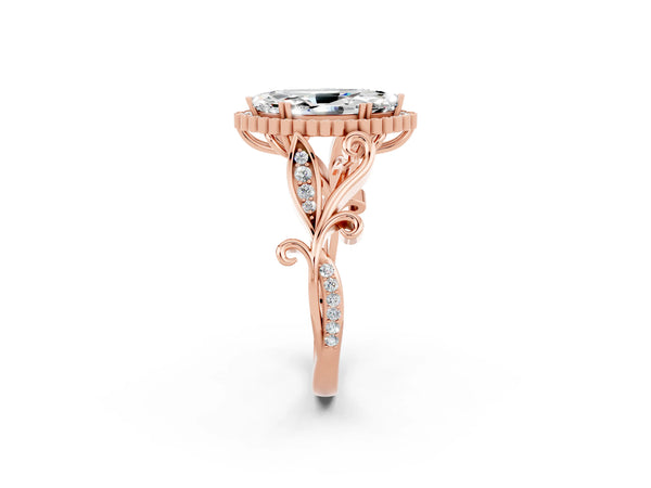 Rose gold Marquise Cut Moissanite Halo Ring with Vintage Split Shank and Four-Prong Setting