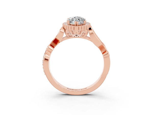 Rose gold Marquise Cut Moissanite Halo Ring with Vintage Split Shank and Four-Prong Setting
