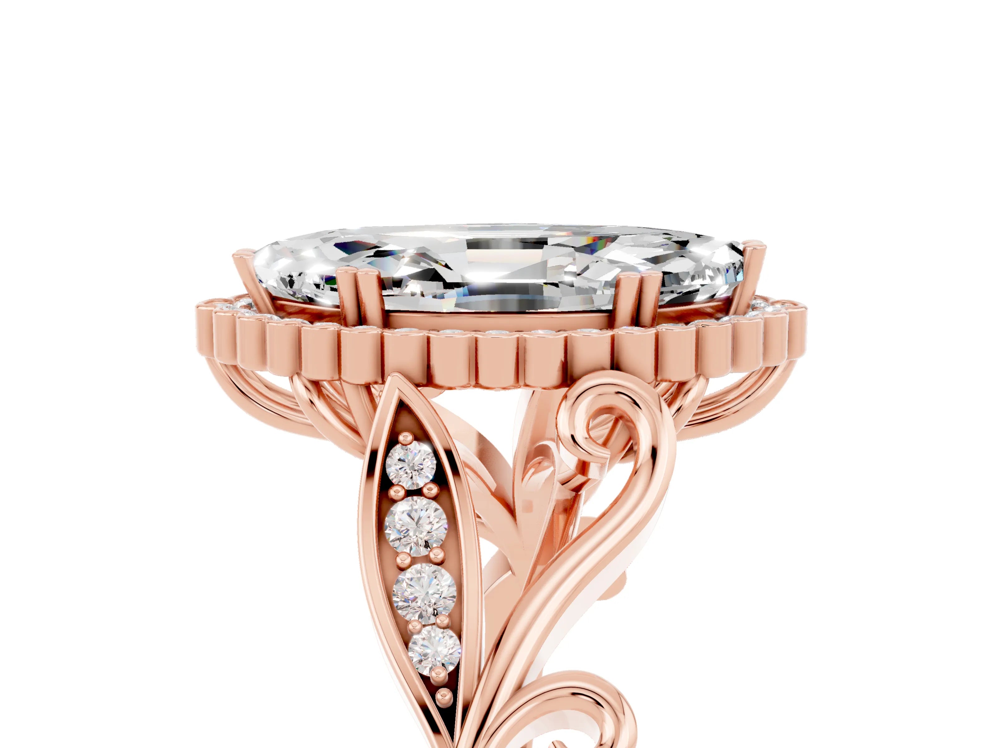 Rose gold Marquise Cut Moissanite Halo Ring with Vintage Split Shank and Four-Prong Setting_5