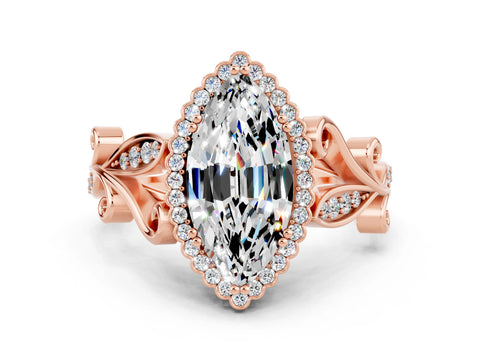 Rose gold Marquise Cut Moissanite Halo Ring with Vintage Split Shank and Four-Prong Setting