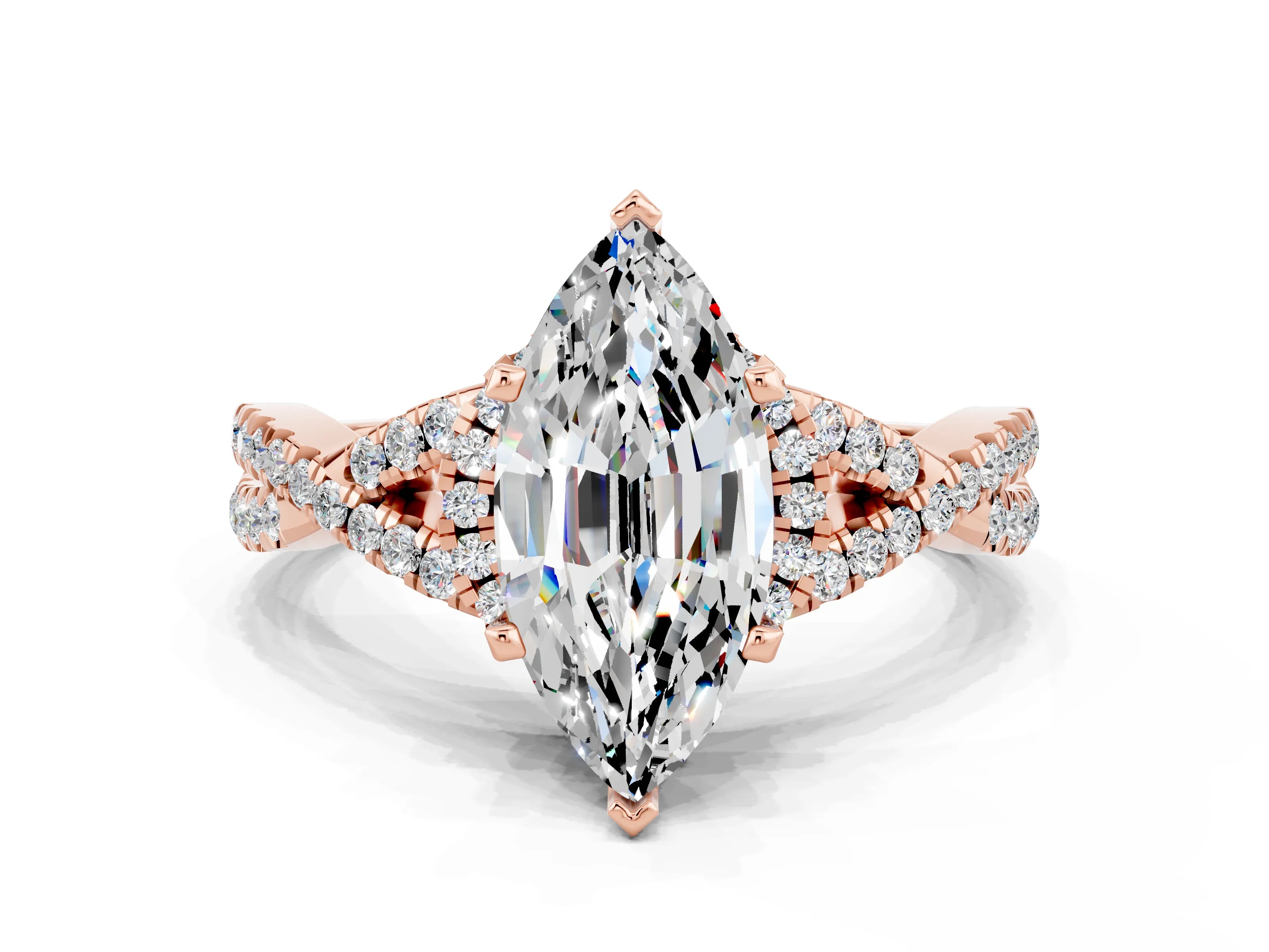 Rose gold Marquise Cut Moissanite Halo Twist Band Solitaire Prong Setting Ring