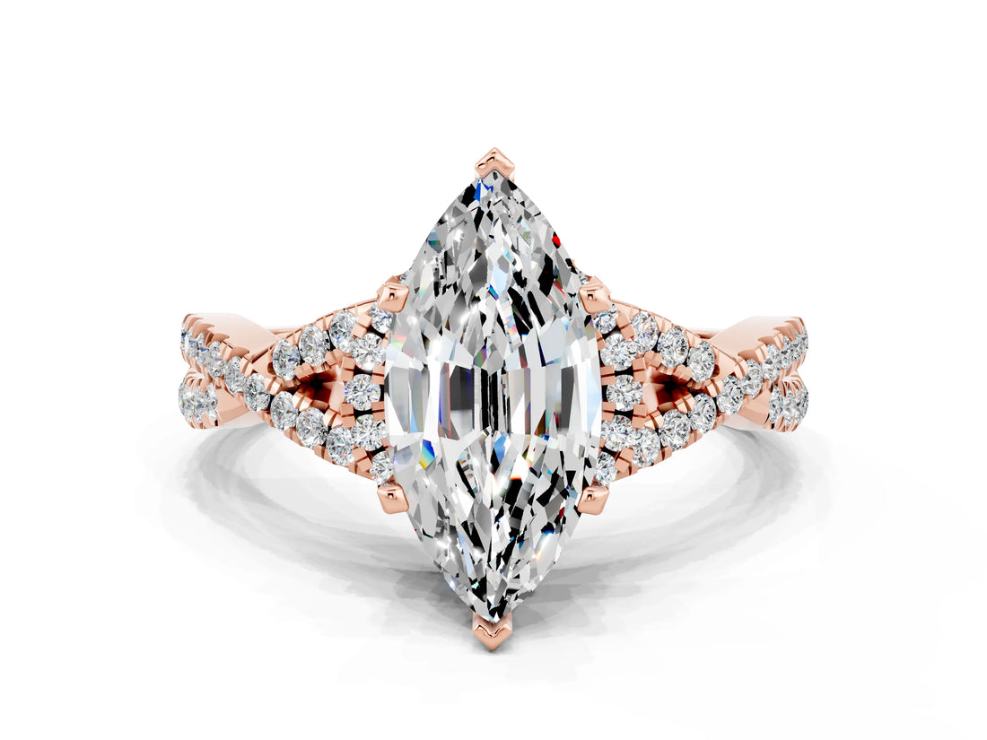 Rose gold Marquise Cut Moissanite Halo Twist Band Solitaire Prong Setting Ring