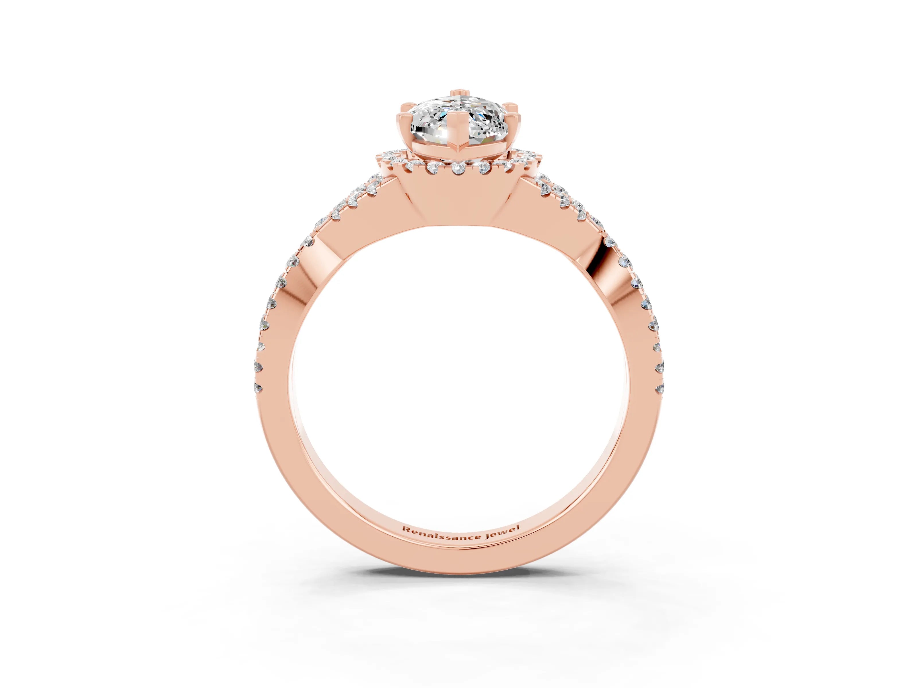 Rose gold Marquise Cut Moissanite Halo Twist Band Solitaire Prong Setting Ring_3