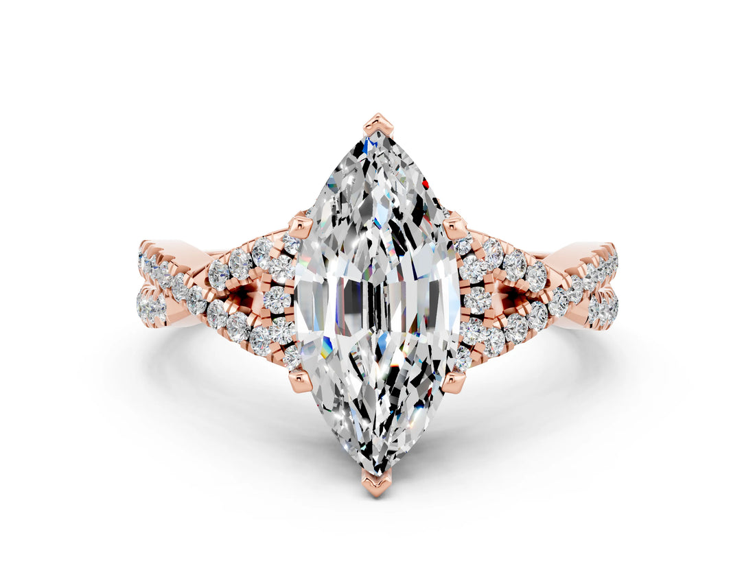 Rose gold Marquise Cut Moissanite  Halo Twist Band Solitaire Prong Setting Ring_42