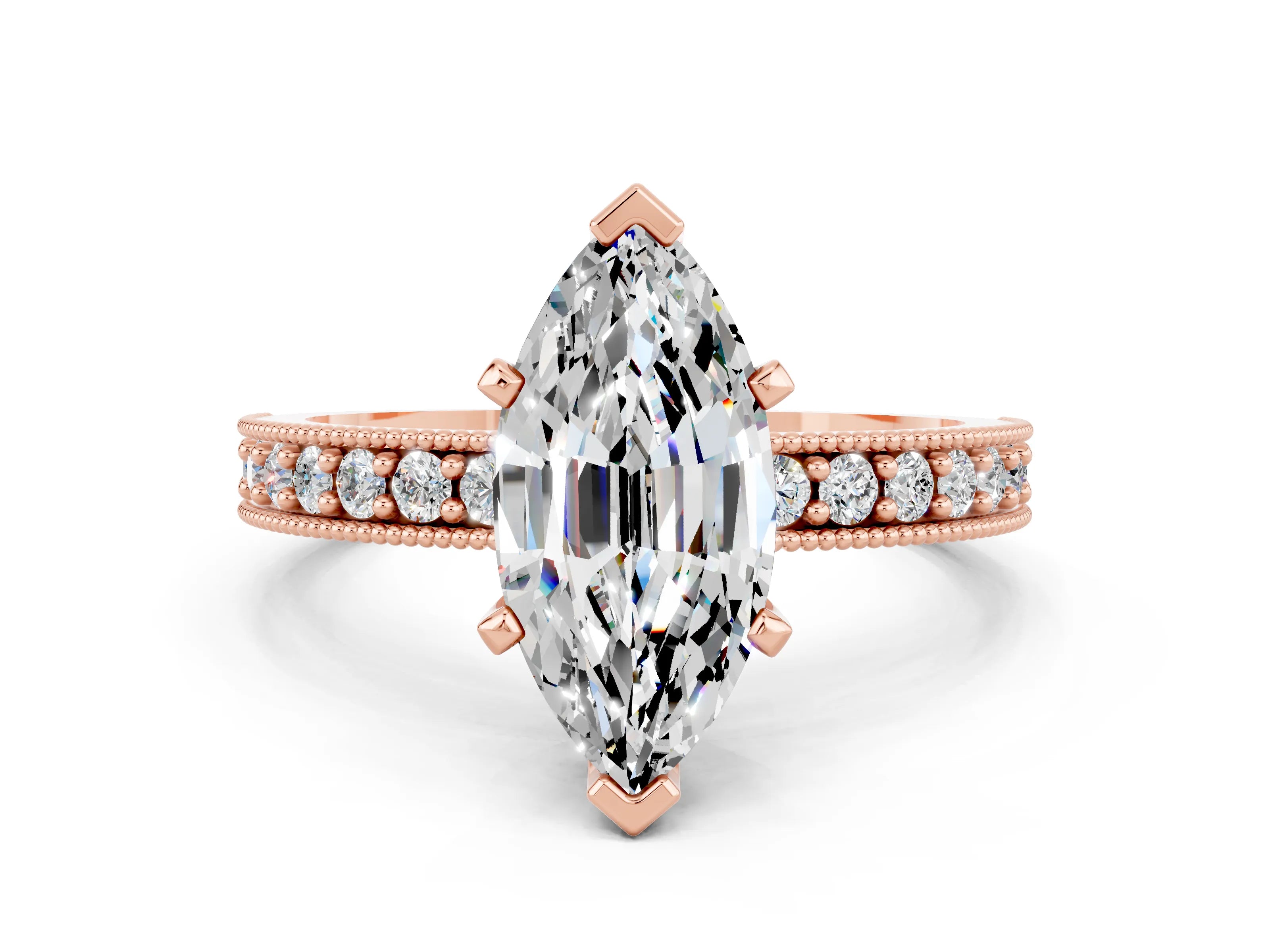 Rose gold Marquise Cut Moissanite Milgrain Pavé Engagement Ring with Four-Prong Setting