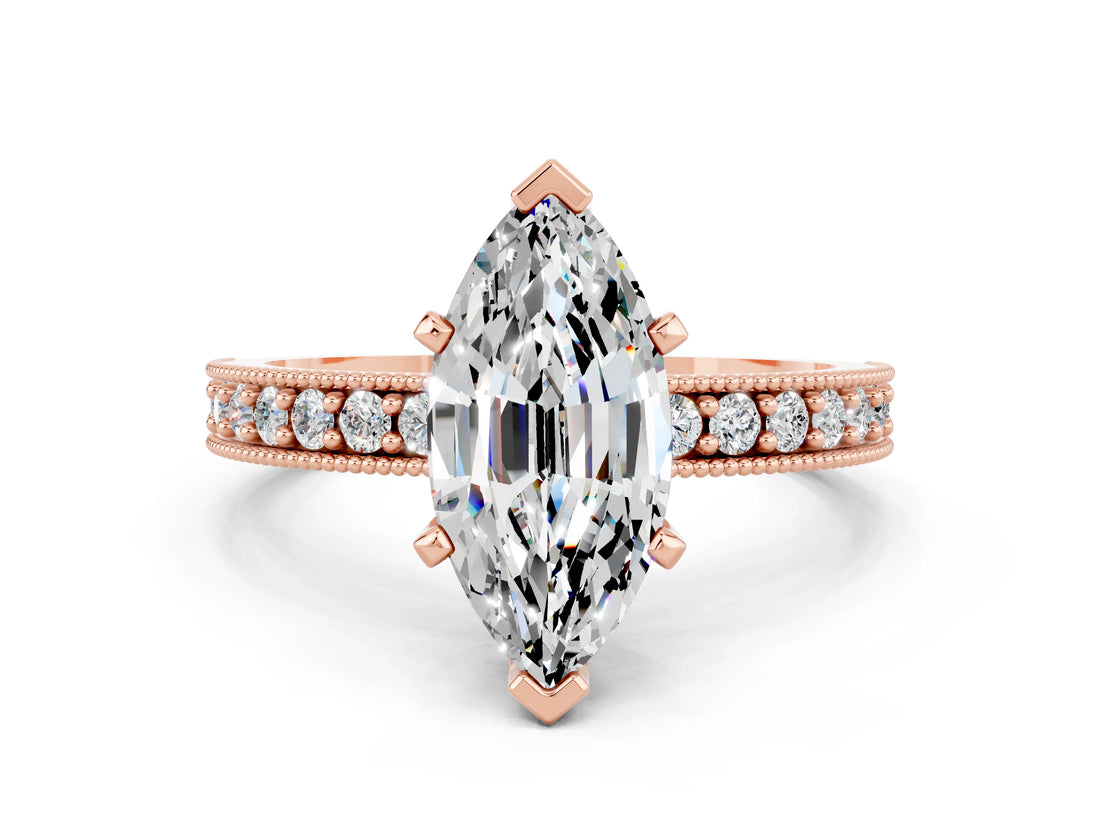 Rose gold Marquise Cut Moissanite Milgrain Pavé Engagement Ring with Four-Prong Setting