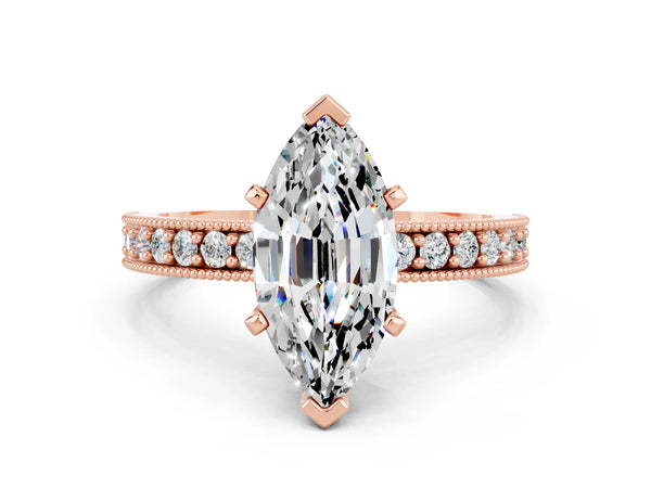 Rose gold Marquise Cut Moissanite Milgrain Pavé Engagement Ring with Four-Prong Setting