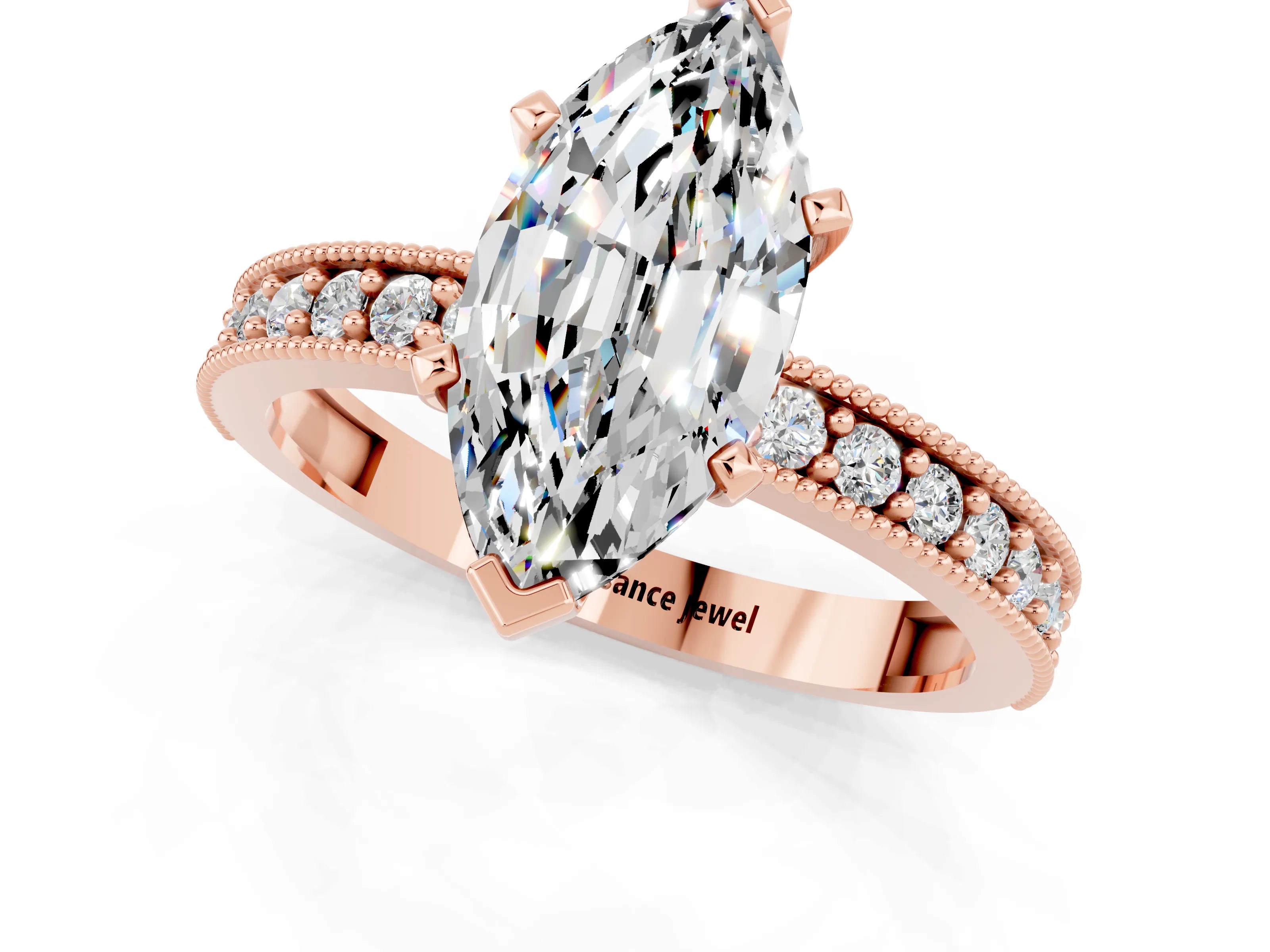 Rose gold Marquise Cut Moissanite Milgrain Pavé Engagement Ring with Four-Prong Setting_1