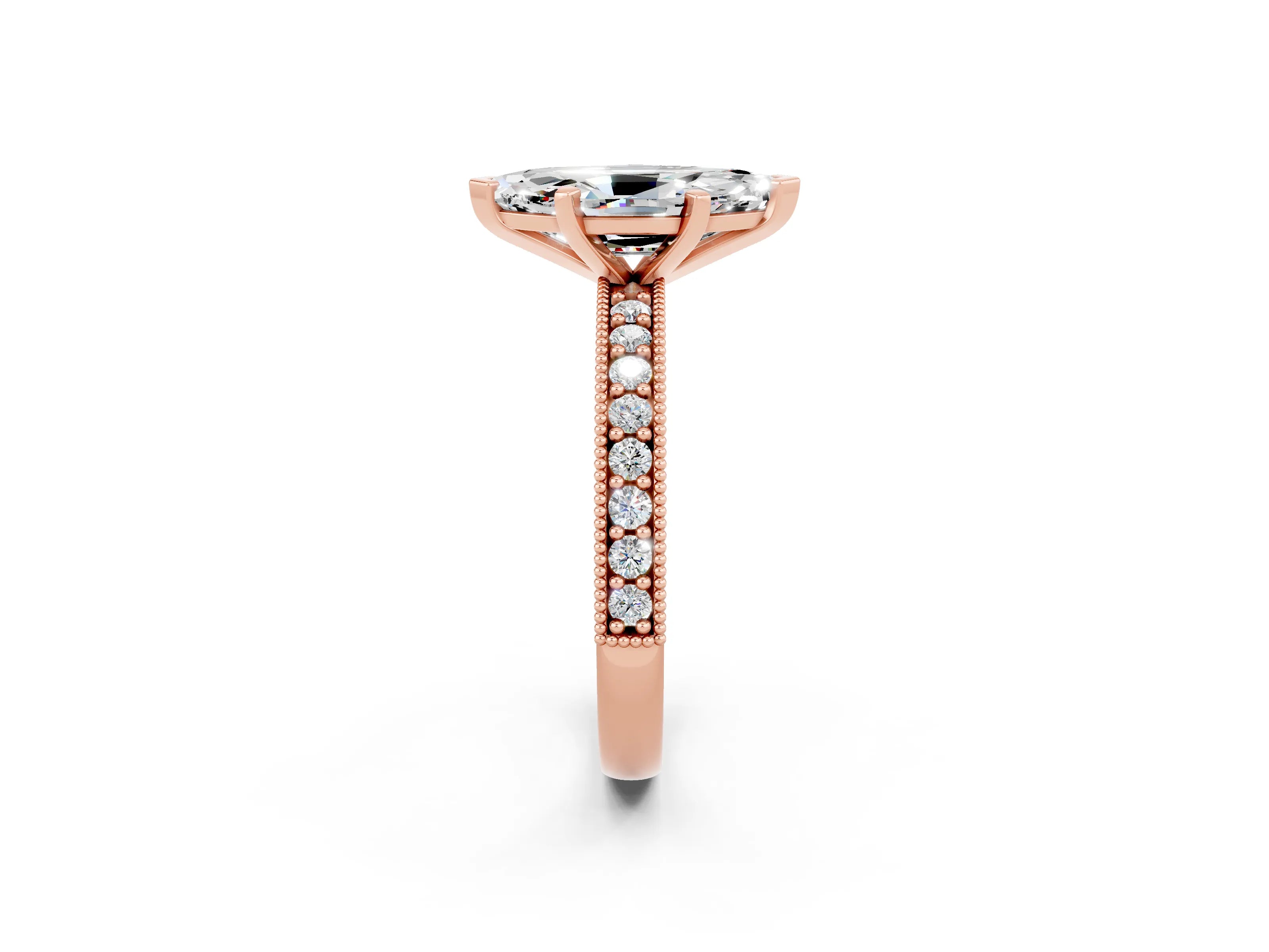 Rose gold Marquise Cut Moissanite Milgrain Pavé Engagement Ring with Four-Prong Setting_2