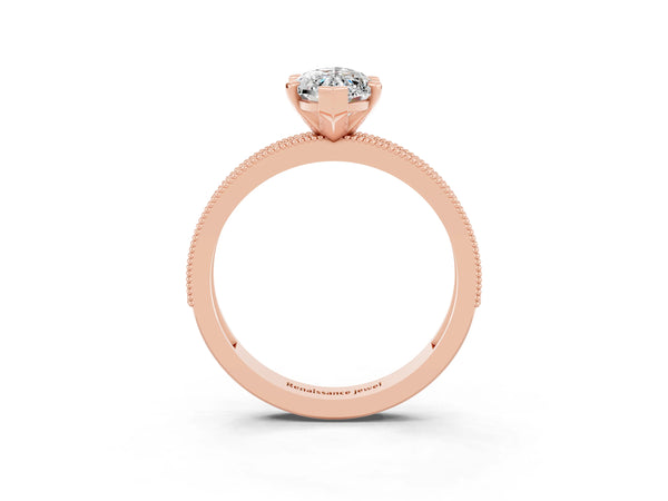 Rose gold Marquise Cut Moissanite Milgrain Pavé Engagement Ring with Four-Prong Setting