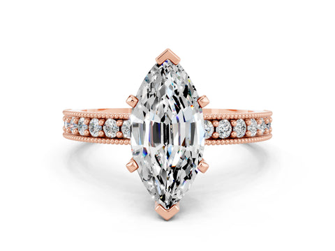 Rose gold Marquise Cut Moissanite Milgrain Pavé Engagement Ring with Four-Prong Setting