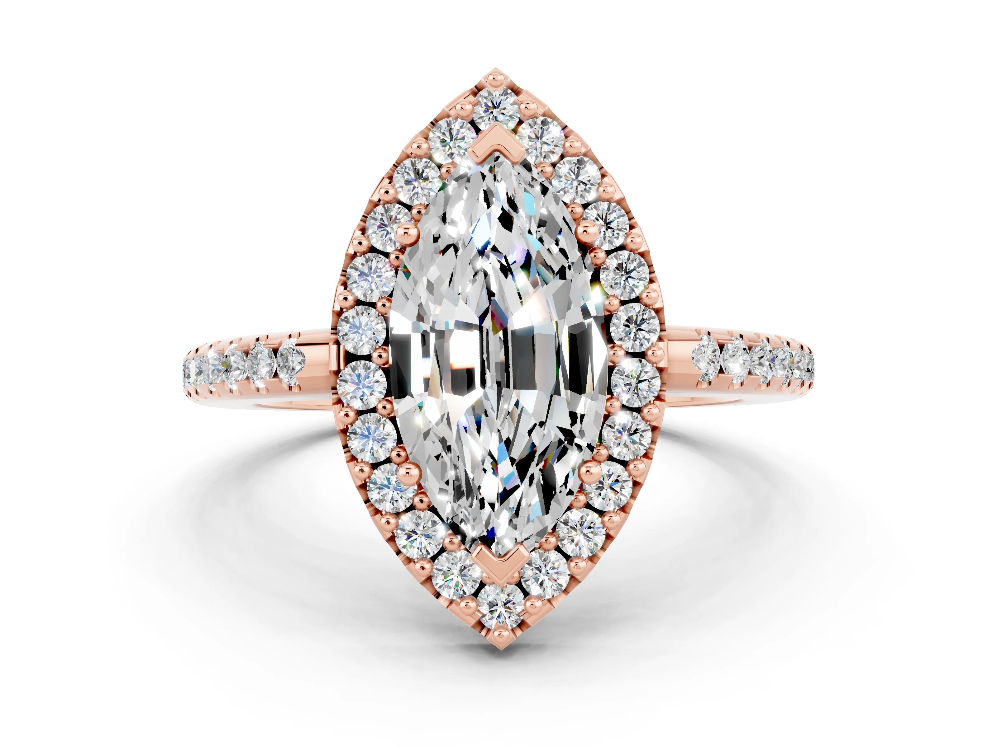 Rose gold Marquise Cut Moissanite Pavé Halo Ring with Four-Prong Setting_12