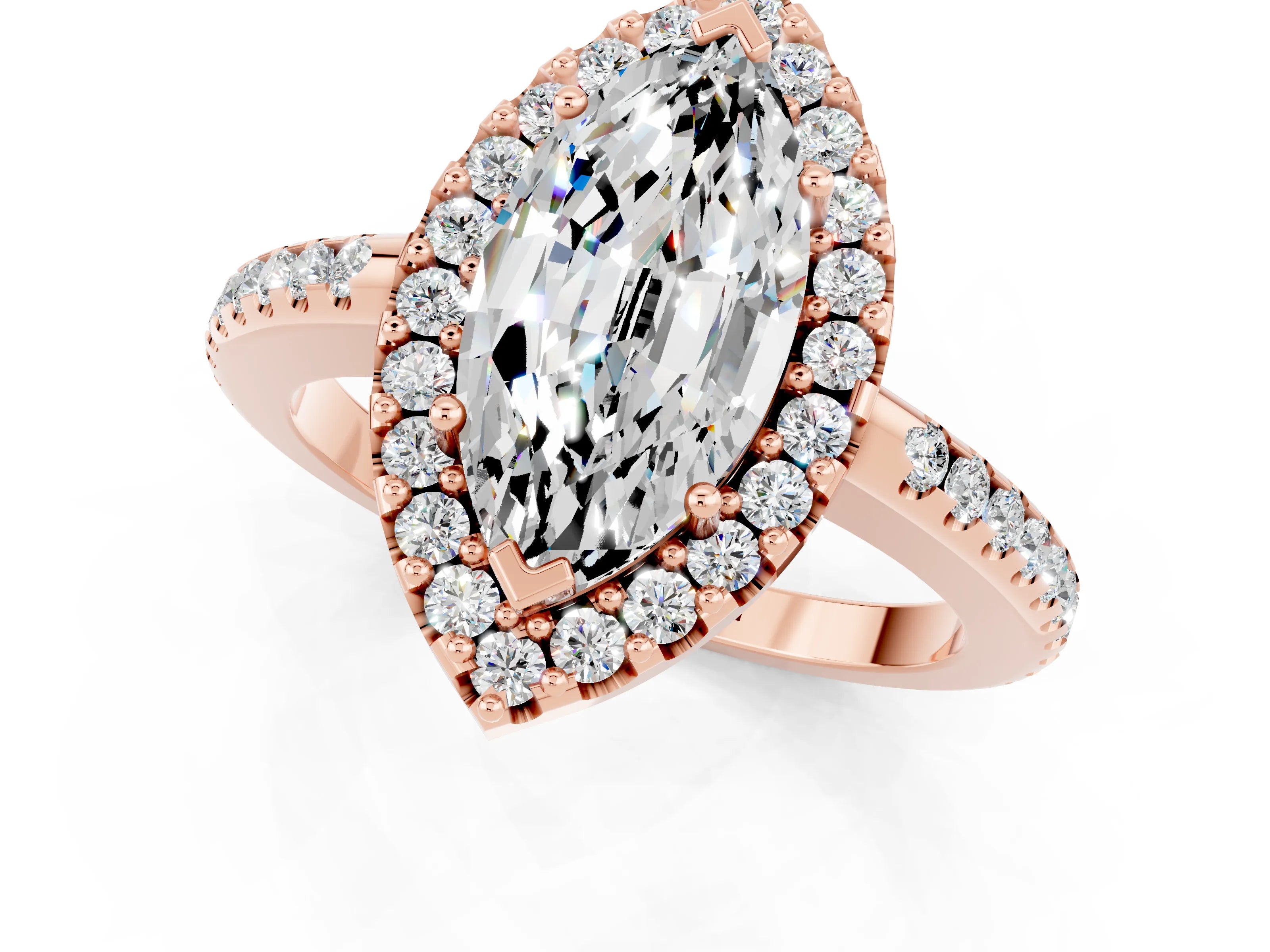 Rose gold Marquise Cut Moissanite Pavé Halo Ring with Four-Prong Setting_13