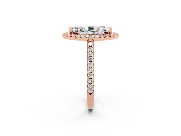 Rose gold Marquise Cut Moissanite Pavé Halo Ring with Four-Prong Setting