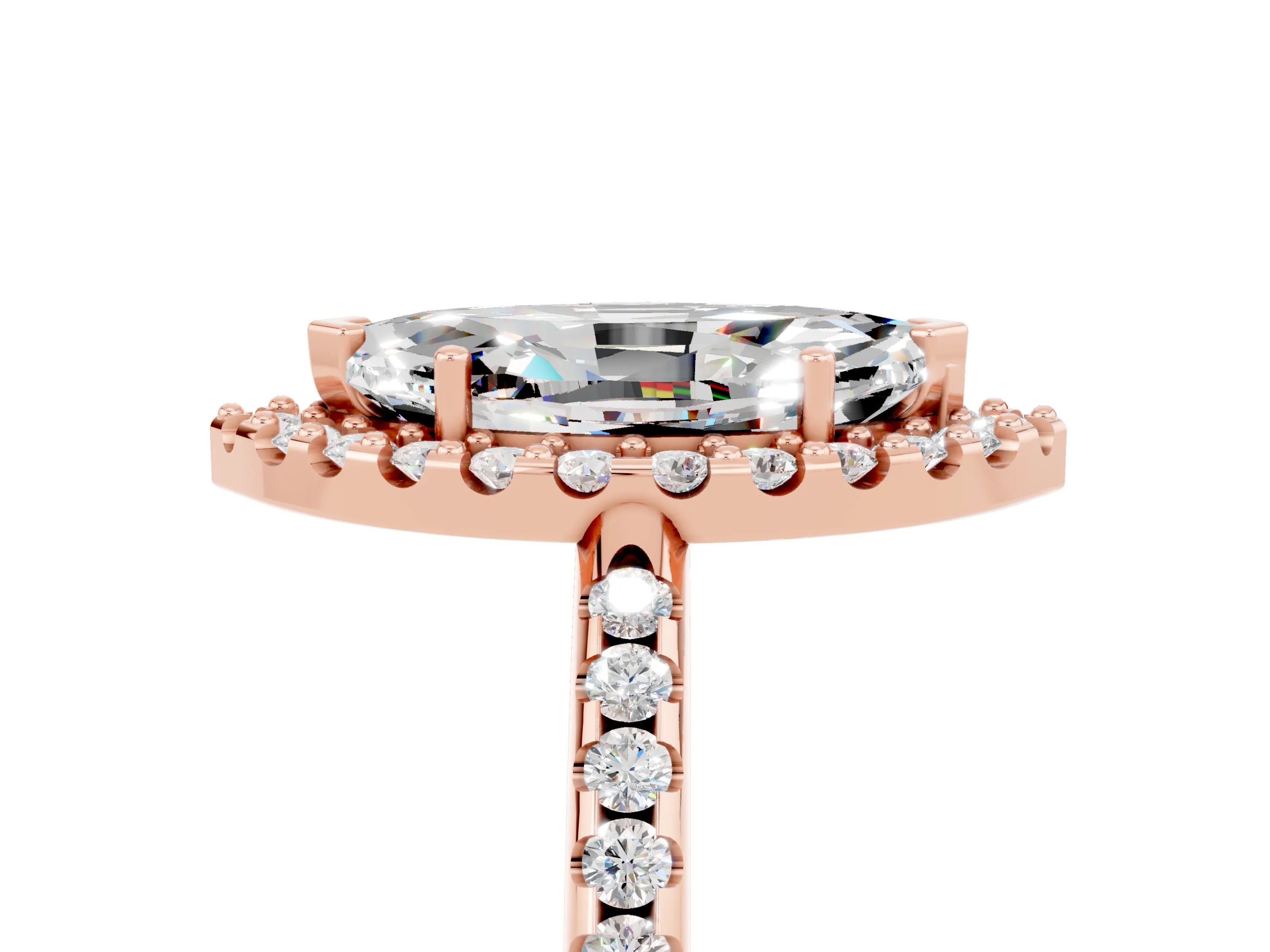 Rose gold Marquise Cut Moissanite Pavé Halo Ring with Four-Prong Setting_17