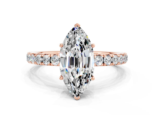 Rose gold Marquise Cut Moissanite Pavé Solitaire Engagement Ring with Four-Prong Setting