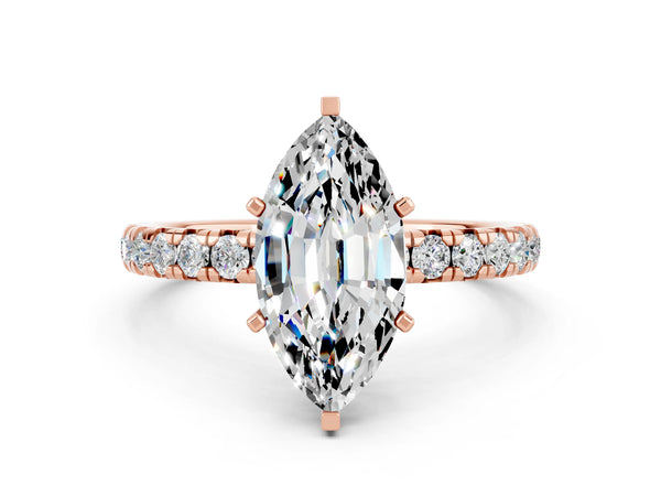 Rose gold Marquise Cut Moissanite Pavé Solitaire Ring with Round Band and Prong Setting