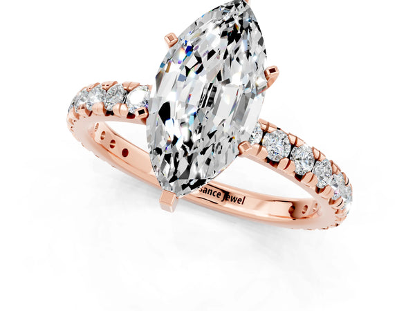 Rose gold Marquise Cut Moissanite Pavé Solitaire Ring with Round Band and Prong Setting