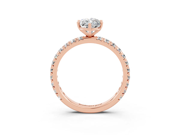 Rose gold Marquise Cut Moissanite Pavé Solitaire Ring with Round Band and Prong Setting