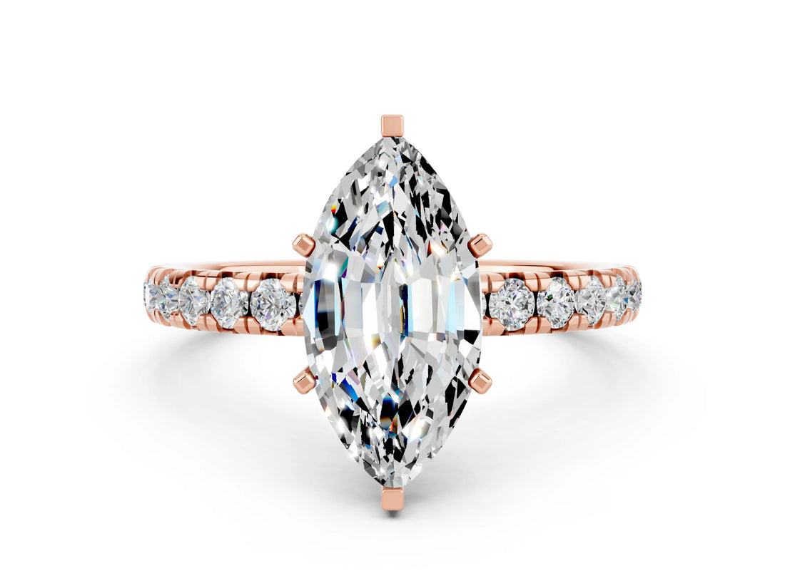 Rose gold Marquise Cut Moissanite Pavé Solitaire Ring with Round Band and Prong Setting_24
