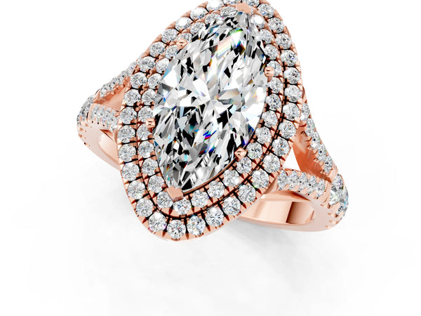 Rose gold Marquise Cut Moissanite Pavé Split Shank Double Halo Engagement Ring