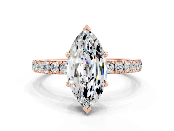 Rose gold Marquise Cut Moissanite Pave Band Solitaire Ring with Round  and Prong Setting