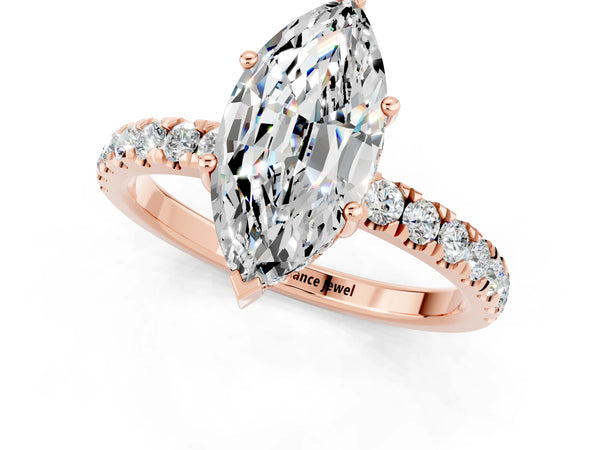 Rose gold Marquise Cut Moissanite Pave Band Solitaire Ring with Round  and Prong Setting