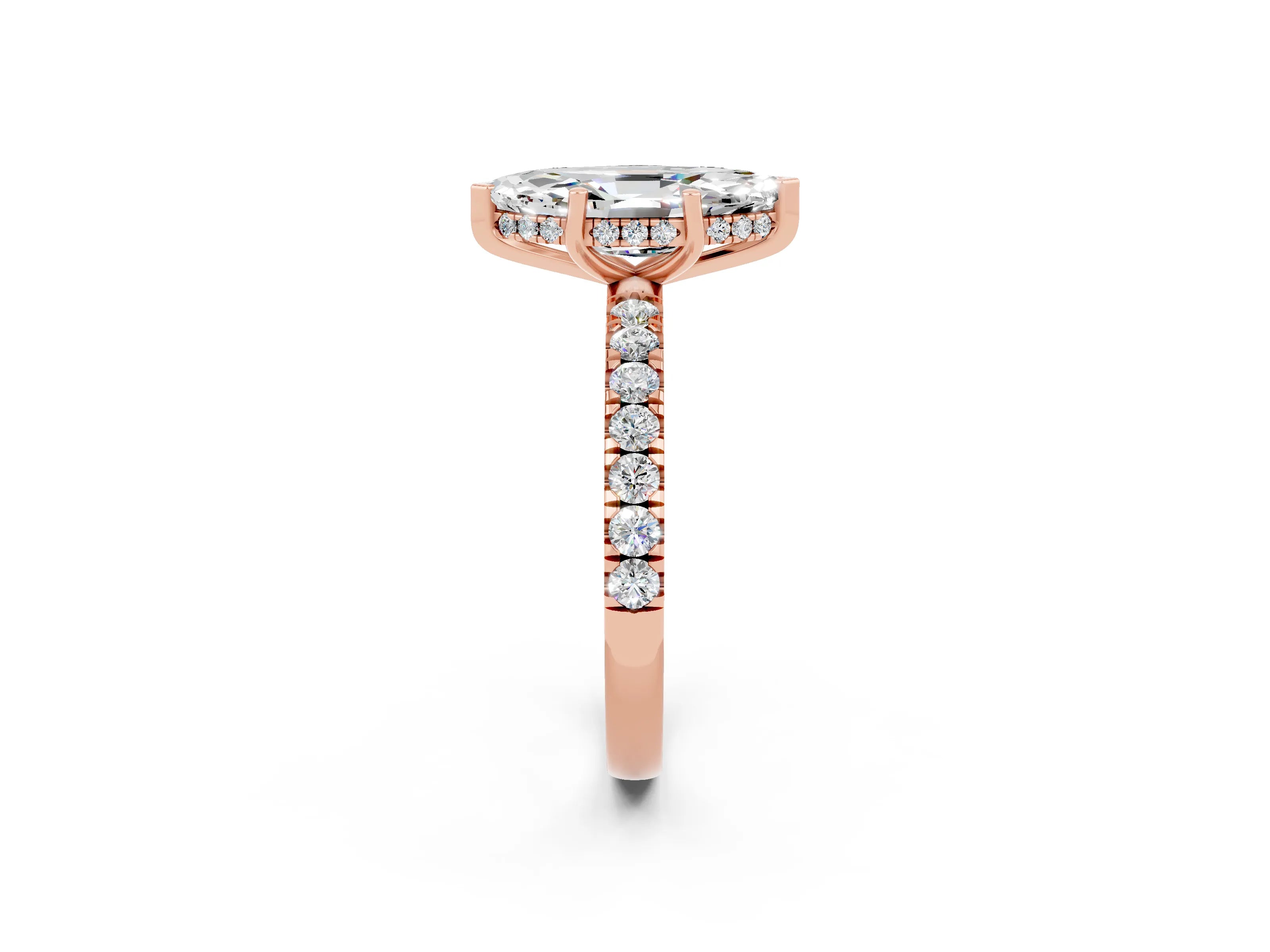 Rose gold Marquise Cut Moissanite Pave Band Solitaire Ring with Four-Prong Setting_26
