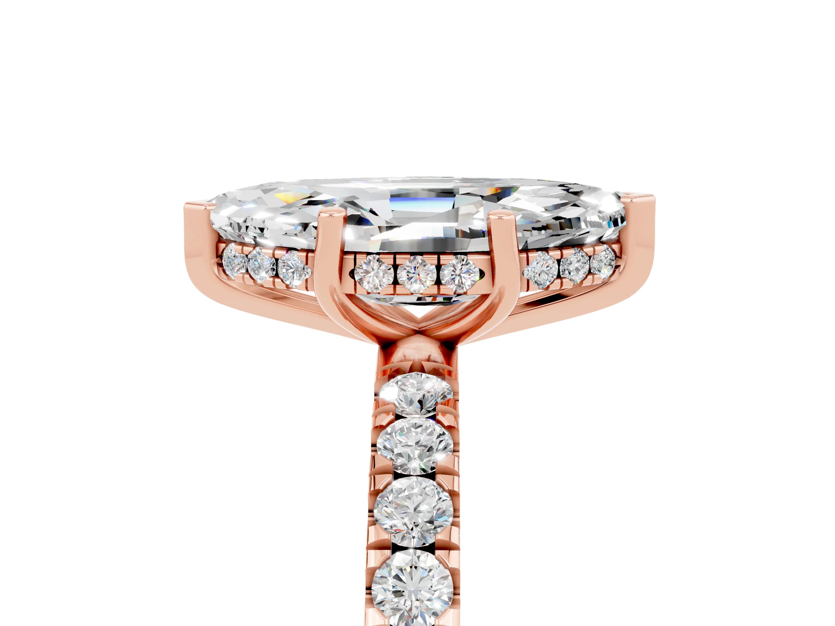 Rose gold Marquise Cut Moissanite Pave Band Solitaire Ring with Four-Prong Setting_29