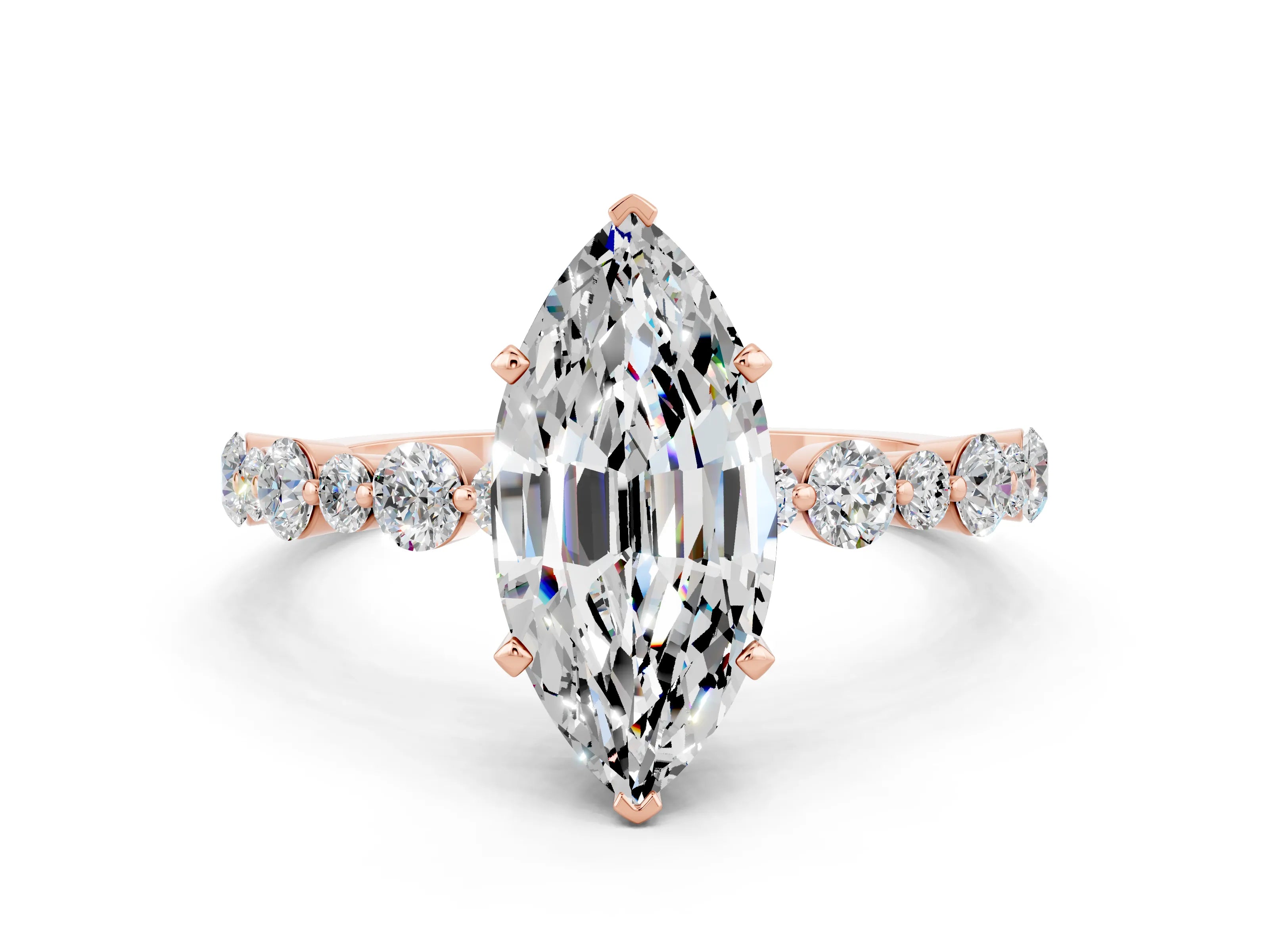 Rose gold Marquise Cut Moissanite Prong Set Engagement Ring with Pavé Band